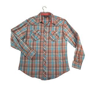 Cowboy Up Snap Front Long Sleeve Western Shirt Men's L Orange Plaid Rodeo Cowboy